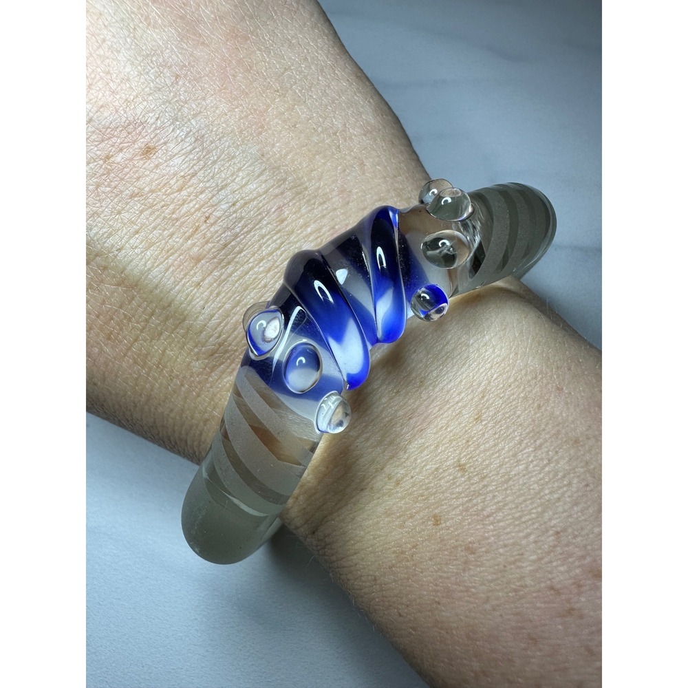 Hand Blown Glass Cuff Bracelet Frosted Cobalt Blue Swirl Art Glass Statement